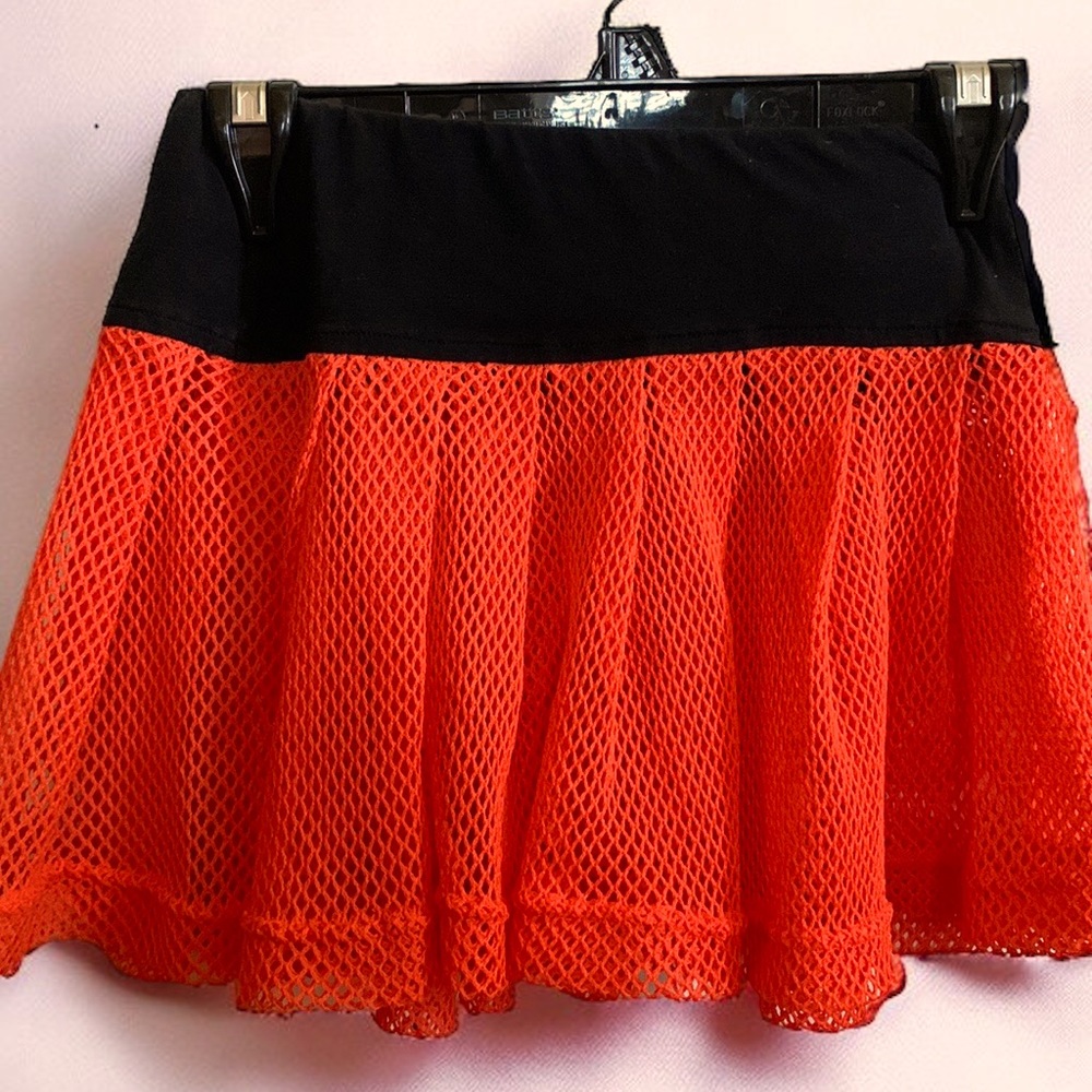 EUC Adorable Vintage Orange Fishnet & Elastic Black Waist Mini Skirt SZ SMALL